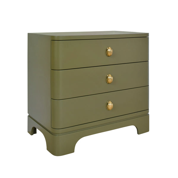 THREE DRAWER ROUNDED EDGE SIDE TABLE WITH BRASS BEETLE KNOB IN OLIVE GREEN MATTE LACQUER