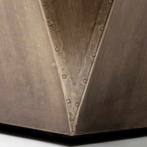 Esagono Octagonal Gold Metal-Clad Reclaimed Wood End/Side Table w/ Storage