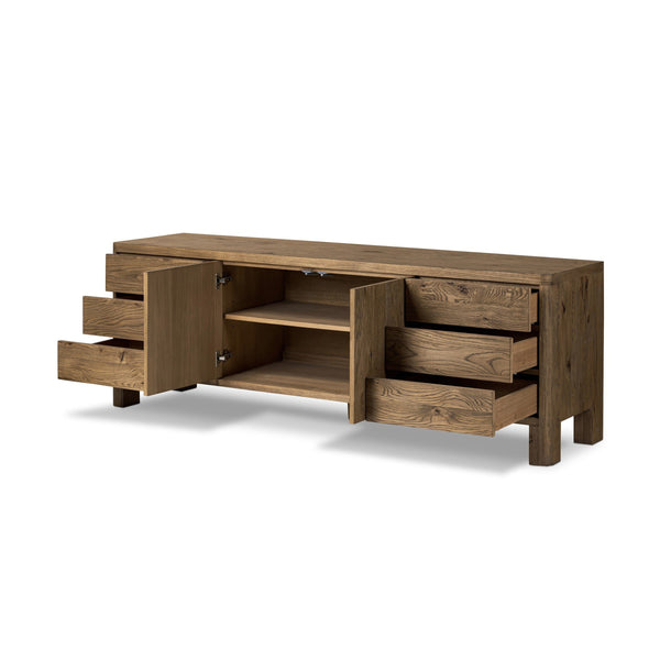 Noeline Media Console In Worn Oak And Worn Oak Veneer And Resawn Worn Oak