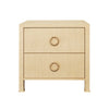 TWO DRAWER SIDE TABLE WITH ANTIQUE BRASS CIRCLE HARDWARE IN NATURAL GRASSCLOTH
