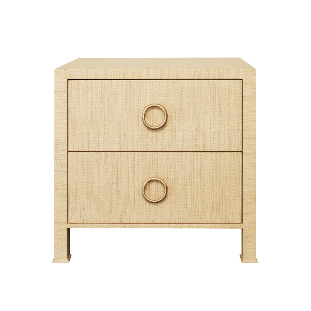 TWO DRAWER SIDE TABLE WITH ANTIQUE BRASS CIRCLE HARDWARE IN NATURAL GRASSCLOTH