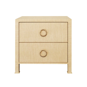 TWO DRAWER SIDE TABLE WITH ANTIQUE BRASS CIRCLE HARDWARE IN NATURAL GRASSCLOTH