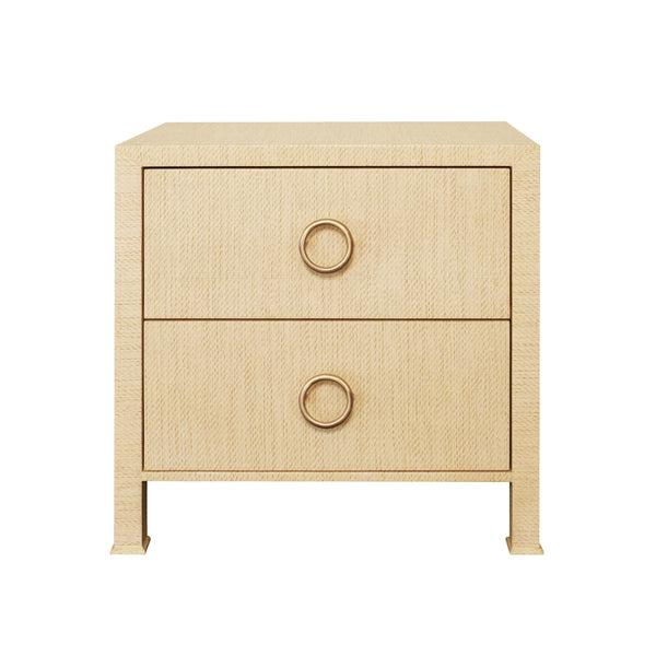 TWO DRAWER SIDE TABLE WITH ANTIQUE BRASS CIRCLE HARDWARE IN NATURAL GRASSCLOTH
