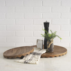 Waverly Round Light Brown Wood Scalloped Edged Trays