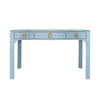 CURVED FRONT DESK WITH THREE DRAWERS IN LIGHT BLUE TEXTURED LINEN WITH SATIN BRASS RING HARDWARE AND GLASS TOP