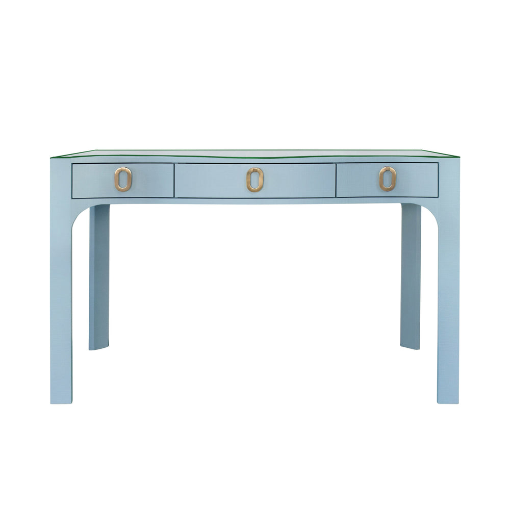 CURVED FRONT DESK WITH THREE DRAWERS IN LIGHT BLUE TEXTURED LINEN WITH SATIN BRASS RING HARDWARE AND GLASS TOP
