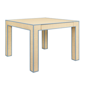 SQUARE TWO DRAWER GAME TABLE WITH MATTE LIGHT BLUE LACQUER EDGING AND INSET NATURAL GRASSCLOTH
