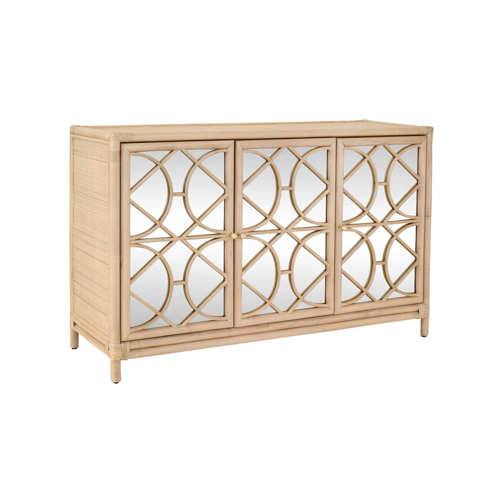 THREE DOOR DECORATIVE MIRROR FRONT BUFFET IN NATURAL RATTAN