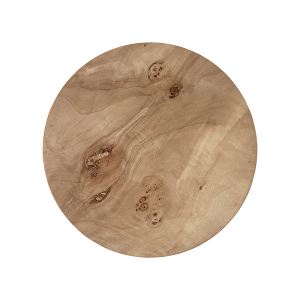 HOURGLASS BRASS BASE SIDE TABLE WITH ROUND BURL WOOD TOP