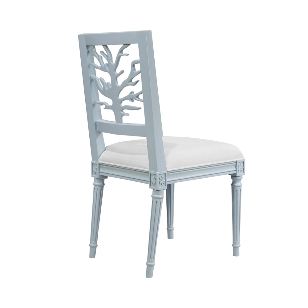 CORAL MOTIF BACK DINING CHAIR WITH WHITE LINEN SEAT IN MATTE LIGHT BLUE LACQUER