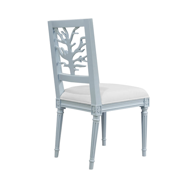 CORAL MOTIF BACK DINING CHAIR WITH WHITE LINEN SEAT IN MATTE LIGHT BLUE LACQUER