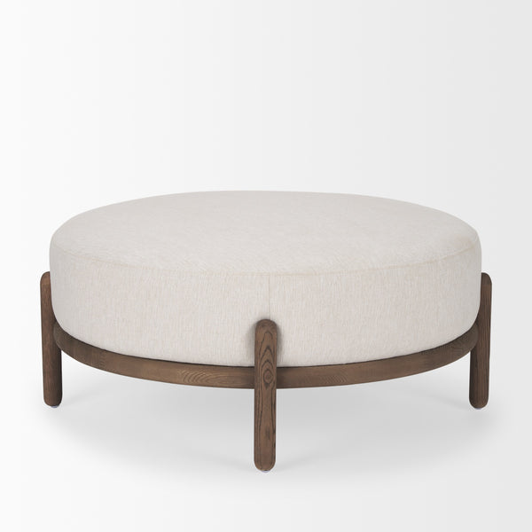 Gwynn Oatmeal Fabric w/ Dark Brown Wood Ottoman