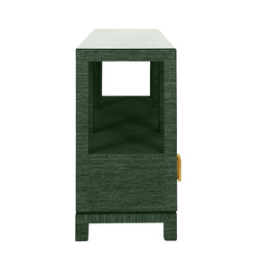 OPEN SHELF CONSOLE WITH THREE BOTTOM DRAWERS AND SQUARE SATIN BRASS HARDWARE IN DYED GREEN GRASSCLOTH