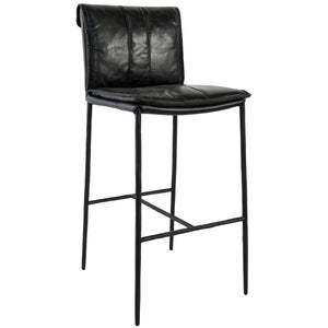 Mayer Counter Stool with Leather & Iron Legs - Jet Black