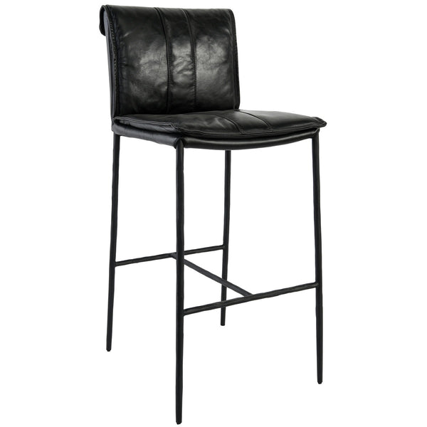 Mayer Counter Stool with Leather & Iron Legs - Jet Black