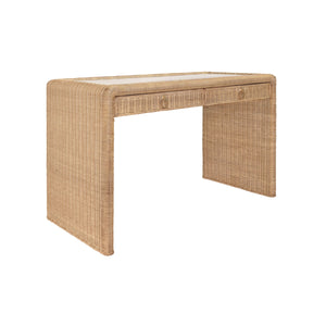 TWO DRAWER WATERFALL EDGE DESK IN WOVEN RATTAN WITH GLASS TOP