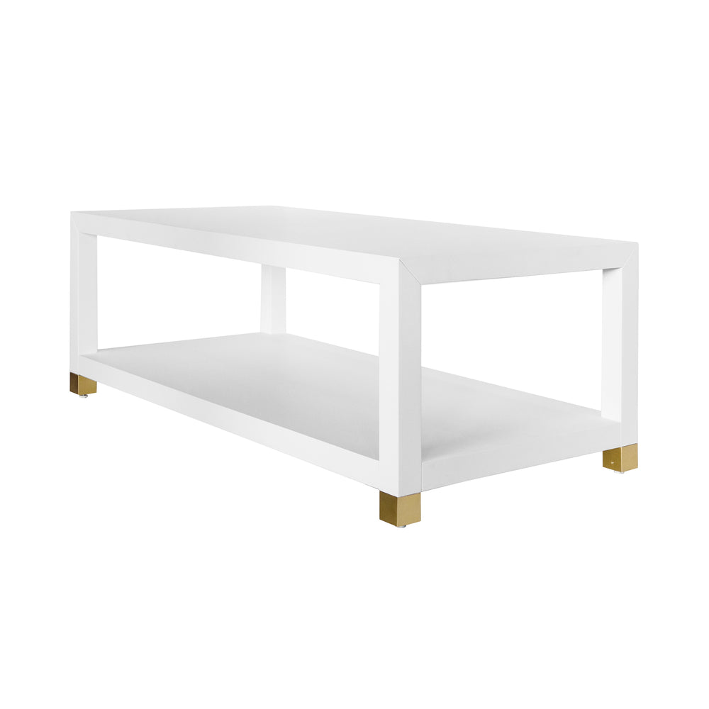 COFFEE TABLE WITH ANTIQUE BRASS FOOT CAPS IN MATTE WHITE LACQUER