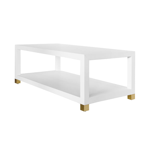 COFFEE TABLE WITH ANTIQUE BRASS FOOT CAPS IN MATTE WHITE LACQUER