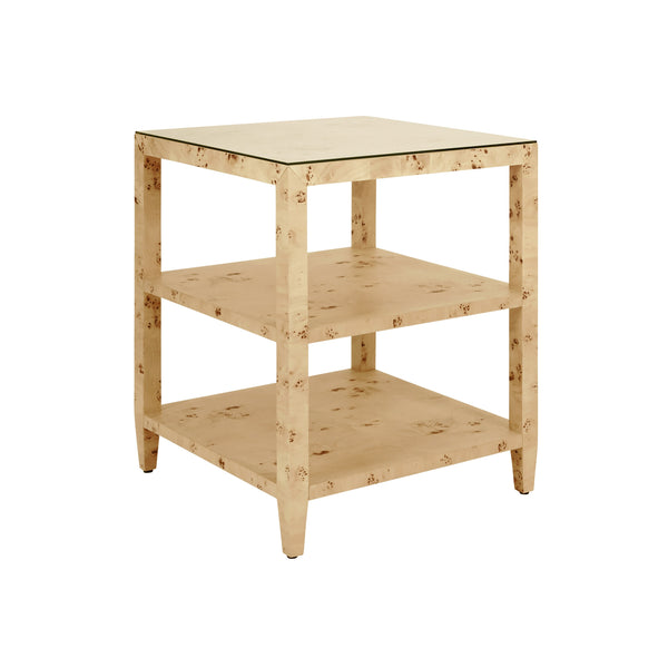 THREE TIER SQUARE SIDE TABLE IN BURL WOOD