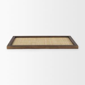 Silas Cane and Medium Brown Wood Rectangular Tray