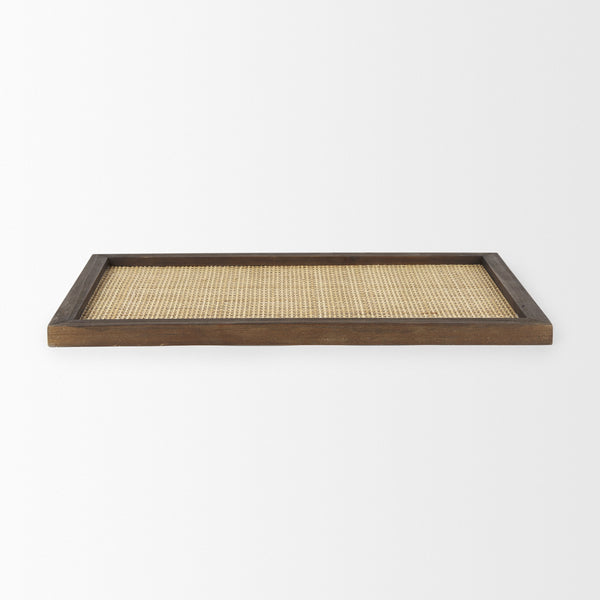 Silas Cane and Medium Brown Wood Rectangular Tray