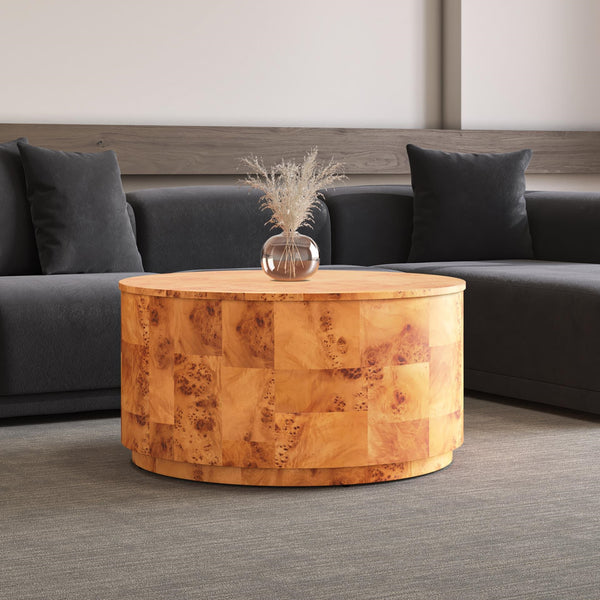 Arsenio Burl Wood Round Coffee Table, Golden Brown Burl