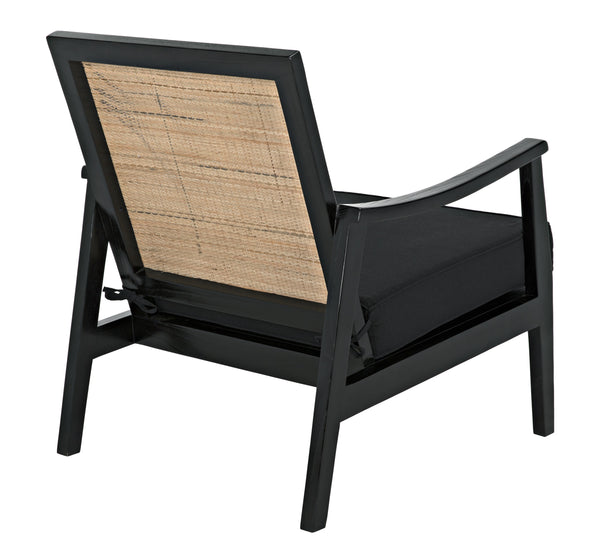 Lichtenstein Sungkai and Mindi Wood Chair with Peeled Rattan Detailing in Charcoal Black with Black Cotton Upholstery
