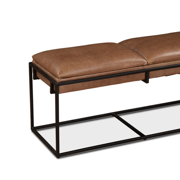 New York 62" Cognac Leather Iron Bench
