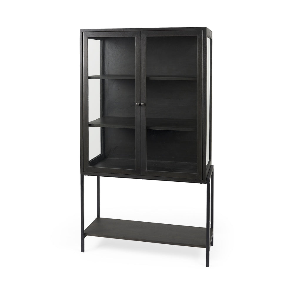 Arelius 36L x 18W x 63H Black-Brown Wood W/ Black Metal Base Display Cabinet