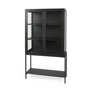 Arelius 36L x 18W x 63H Black-Brown Wood W/ Black Metal Base Display Cabinet