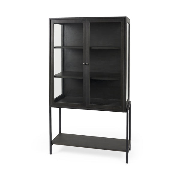 Arelius 36L x 18W x 63H Black-Brown Wood W/ Black Metal Base Display Cabinet