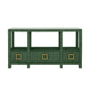 OPEN SHELF CONSOLE WITH THREE BOTTOM DRAWERS AND SQUARE SATIN BRASS HARDWARE IN DYED GREEN GRASSCLOTH