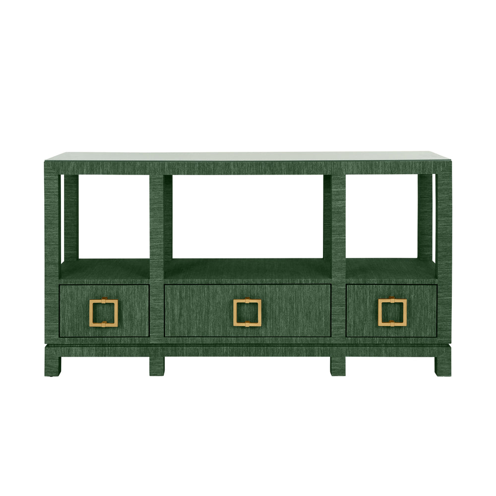 OPEN SHELF CONSOLE WITH THREE BOTTOM DRAWERS AND SQUARE SATIN BRASS HARDWARE IN DYED GREEN GRASSCLOTH