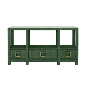 OPEN SHELF CONSOLE WITH THREE BOTTOM DRAWERS AND SQUARE SATIN BRASS HARDWARE IN DYED GREEN GRASSCLOTH