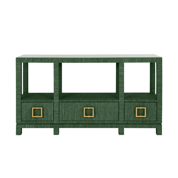 OPEN SHELF CONSOLE WITH THREE BOTTOM DRAWERS AND SQUARE SATIN BRASS HARDWARE IN DYED GREEN GRASSCLOTH