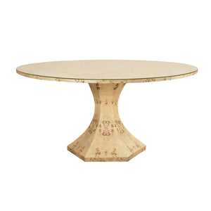 ROUND DINING TABLE WITH HEXAGONAL TAPERED BASE IN BURL WOOD