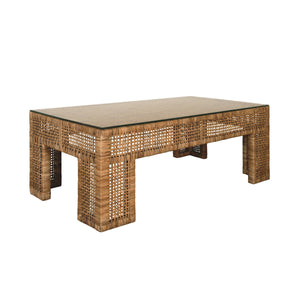 WIDE LEG RECTANGULAR RATTAN COFFEE TABLE WITH GLASS TOP