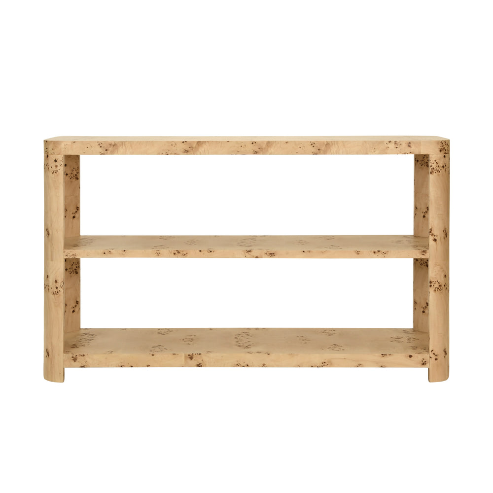 TIER TIER CONSOLE WITH CURVED CORNERS IN BURL WOOD