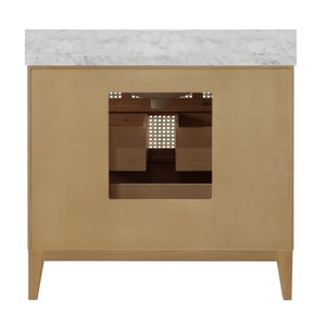 BATH VANITY IN CERUSED OAK WITH CANE FRONT DRAWERS, WHITE MARBLE TOP, AND PORCELAIN SINK