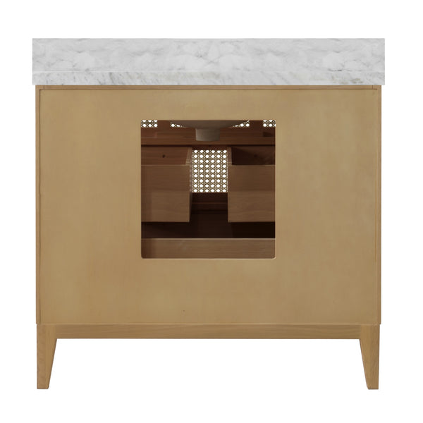 BATH VANITY IN CERUSED OAK WITH CANE FRONT DRAWERS, WHITE MARBLE TOP, AND PORCELAIN SINK