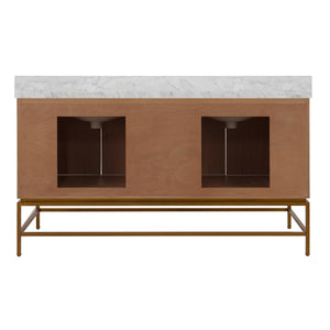 BATH VANITY IN MATTE DARK BURL WOOD AND ANTIQUE BRASS WITH WHITE MARBLE TOP AND DOUBLE PORCELAIN SINKS, 60" WIDE