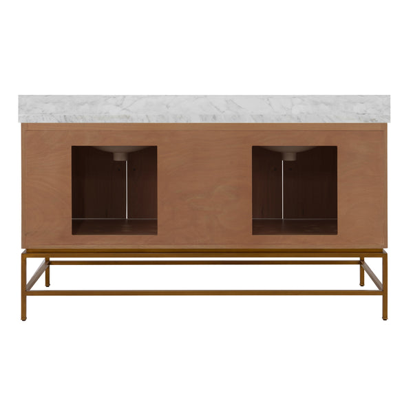 BATH VANITY IN MATTE DARK BURL WOOD AND ANTIQUE BRASS WITH WHITE MARBLE TOP AND DOUBLE PORCELAIN SINKS, 60" WIDE