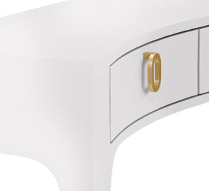 CURVED FRONT CONSOLE WITH THREE DRAWERS IN TEXTURED WHITE LINEN WITH SATIN BRASS RING HARDWARE AND GLASS TOP