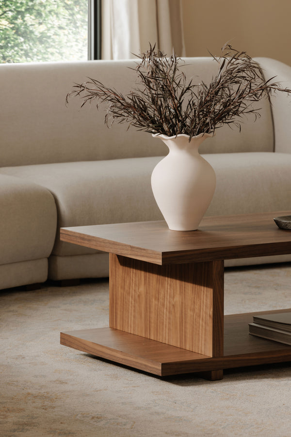 Miri Coffee Table in Walnut with Open-Shelf Design