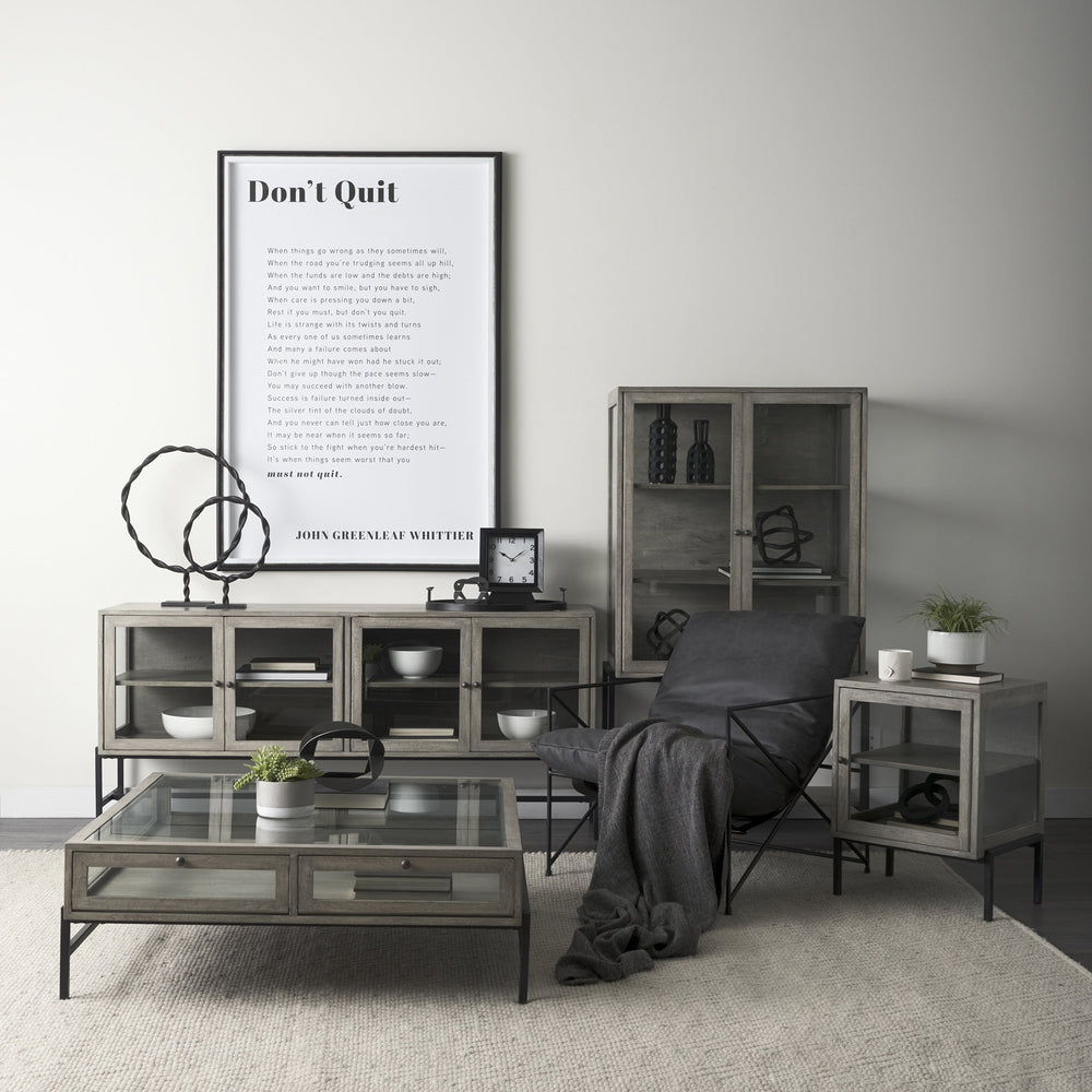Arelius 42" Square Glass-Top Gray Wood w/ Black Metal Base Display Coffee Table