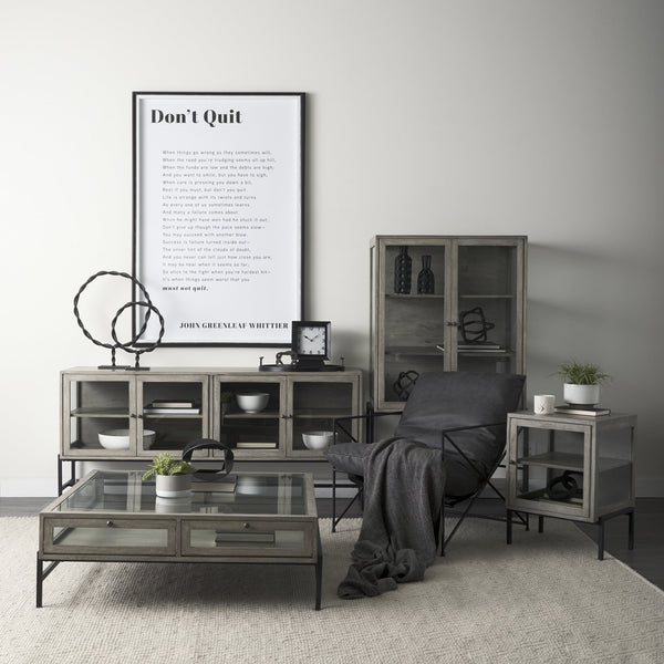Arelius 42" Square Glass-Top Gray Wood w/ Black Metal Base Display Coffee Table