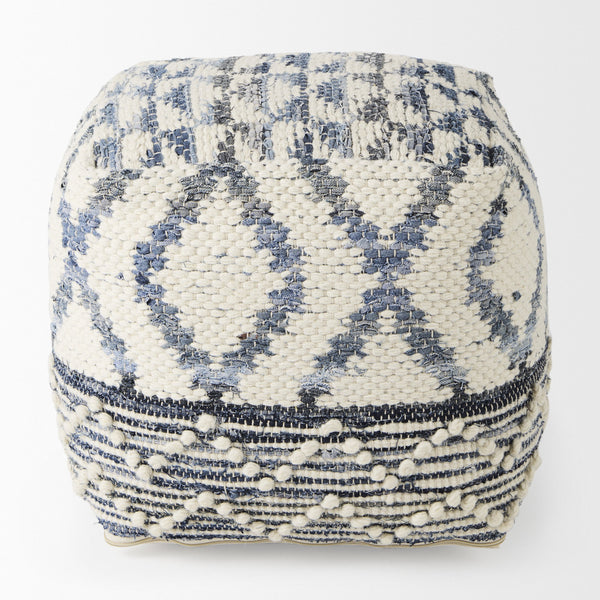 Eshana 16.0L x 16.0W x 16.0H Cream Wool and Denim Patterned Pouf