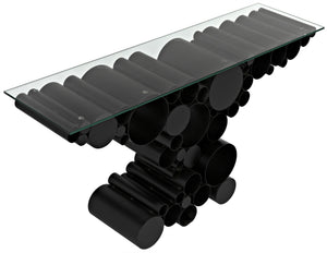 Paradox Console Table in Matte Black Industrial Steel with Glass Top
