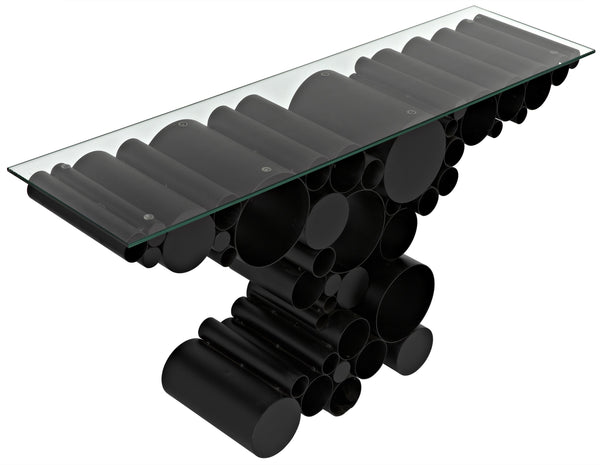 Paradox Console Table in Matte Black Industrial Steel with Glass Top