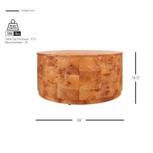 Arsenio Burl Wood Round Coffee Table, Golden Brown Burl
